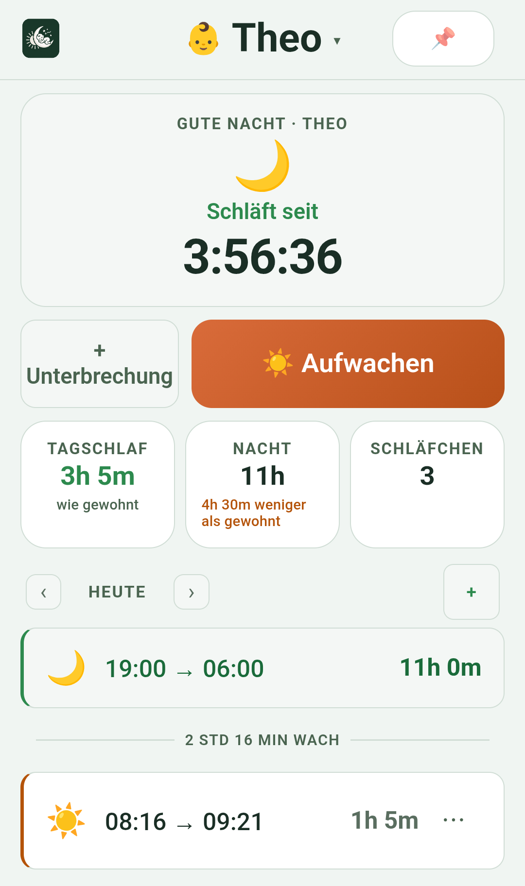 IsTheoAsleep Heute-Ansicht: Theo schläft seit 3:56:36, Aufwachen-Button und Tagesübersicht